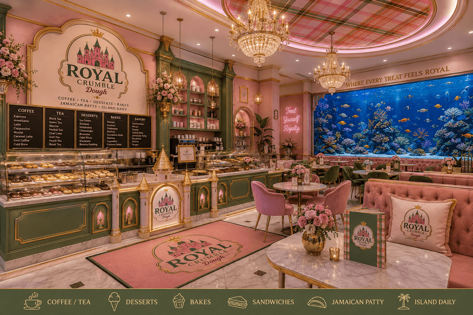 The Royal Crumble Dough bakery interior with cookie counter and pink royal seating