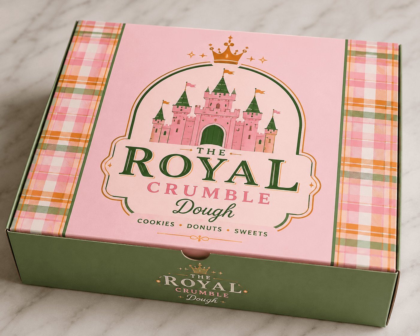 A pink and forest-green Royal Crumble Dough gift box